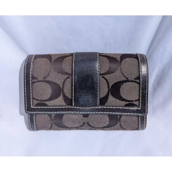 Vintage Coach Signature Stripe Canvas Leather Bifold Keychain Wallet Dark Brown - Picture 1 of 12